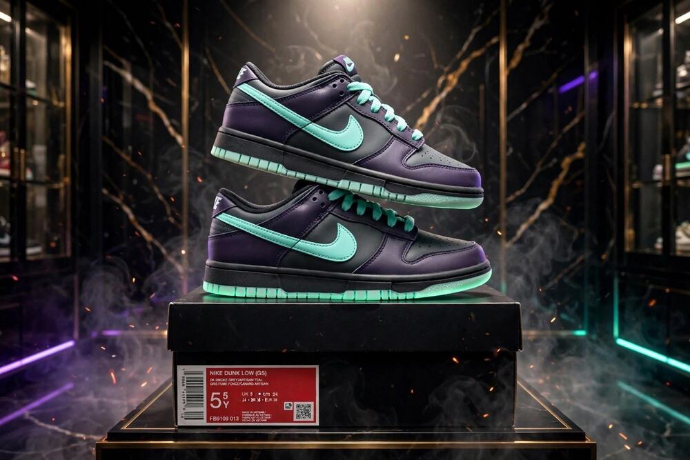 Size 5.5Y - Nike Dunk Low DK Smoke Grey Artisan Teal Purple Halloween GS